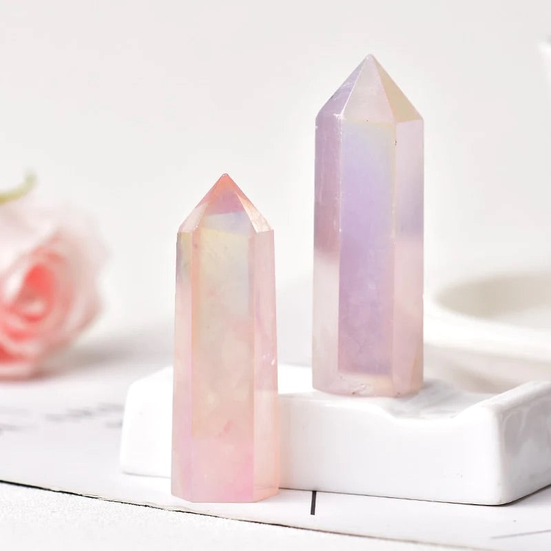 Aura Rose Quartz - Crystal Pointed Tower