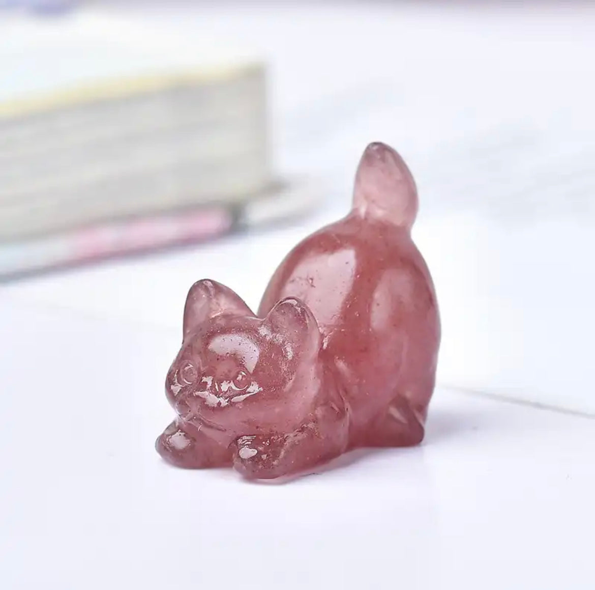 Strawberry Quartz - Crystal Cat Carving